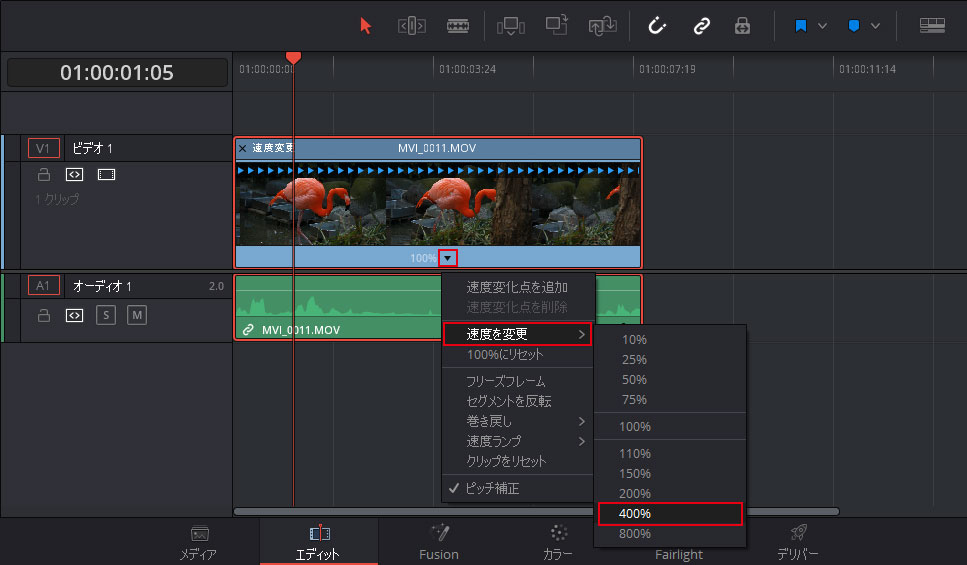 DaVinci Resolve：リタイムコントロールの設定。