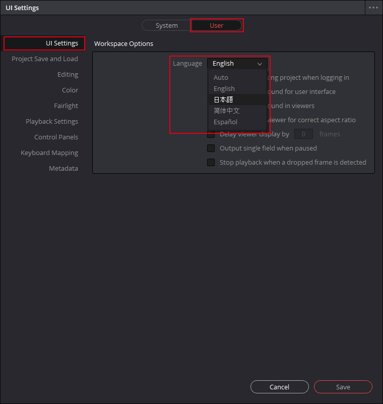 英語版 DaVinci Resolve 環境設定内のUI設定を編集する