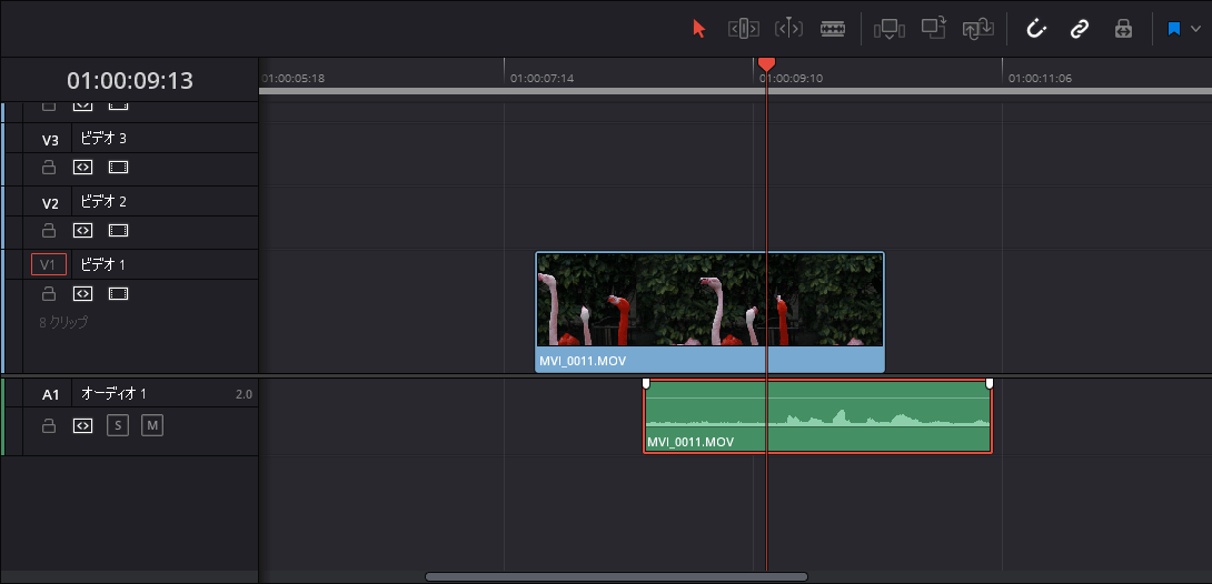 リンクが解除され映像データと音声データが別々のクリップになった